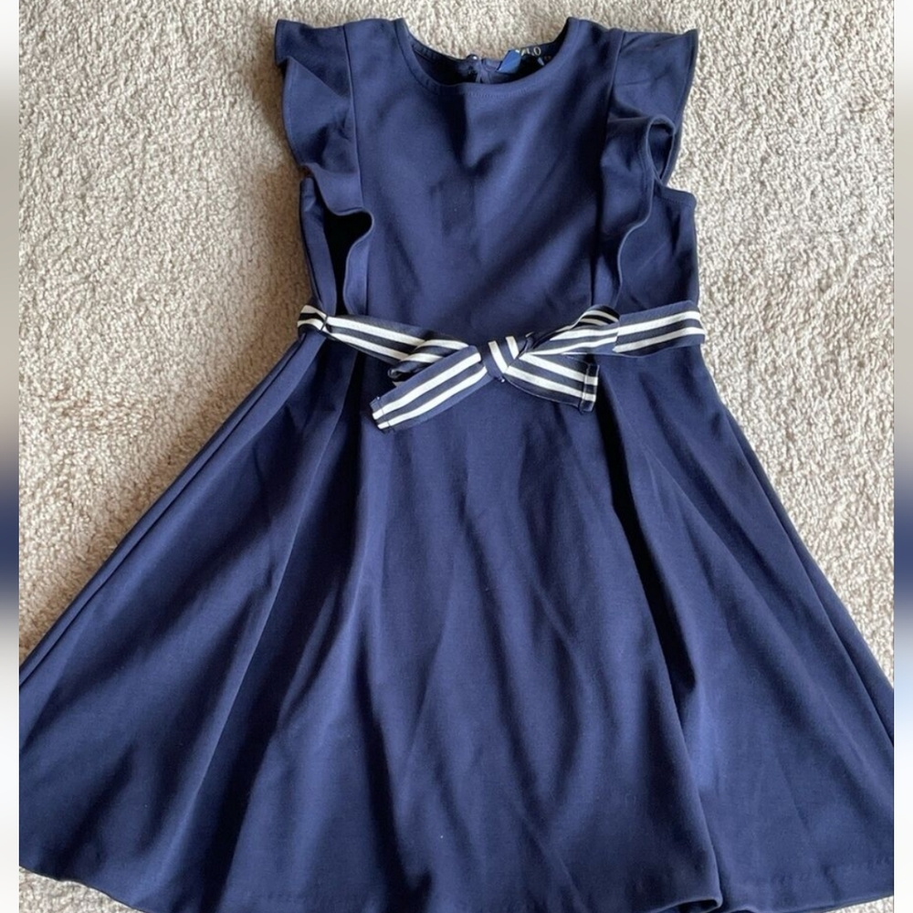 Polo Ralph Lauren Girls Navy Blue Belted Pleated Ruffle Dress Size XL (16)